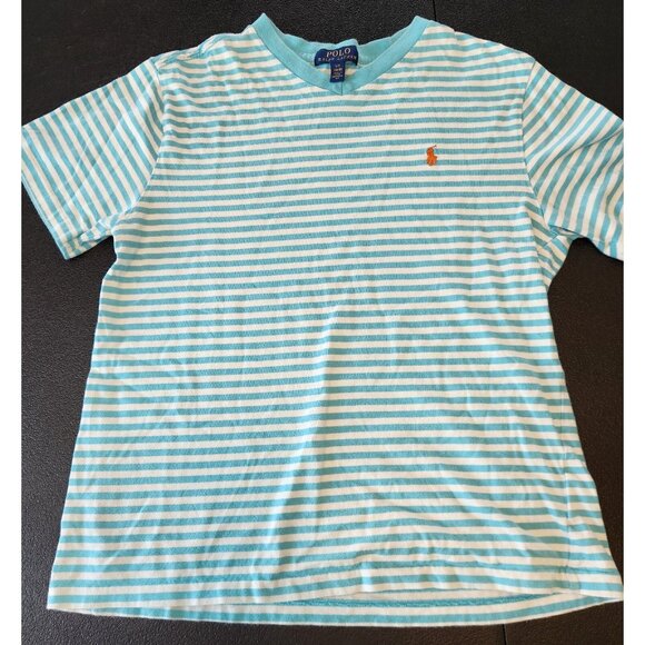 Polo Ralph Lauren‎ V-Neck T-Shirt Girls Large Striped Turquoise White Stripe EUC - Picture 3 of 9
